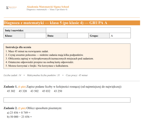 Diagnoza z matematyki – klasa 5, test po klasie 4
