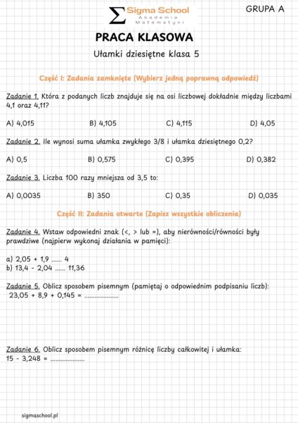 Ułamki dziesiętne – sprawdzian z matematyki, klasa 5, A i B