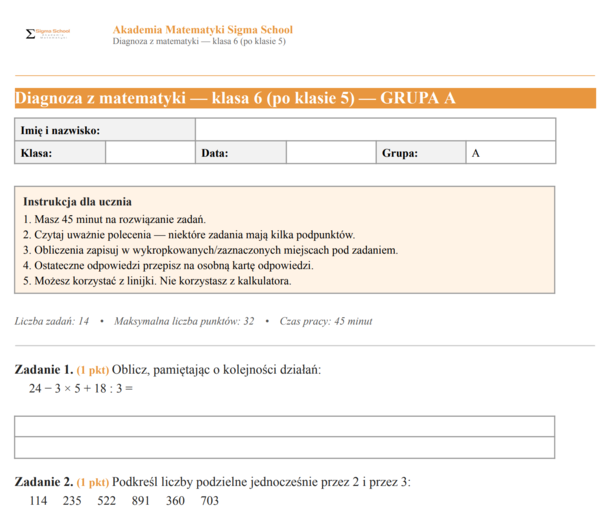 Diagnoza z matematyki – klasa 6, test po klasie 5