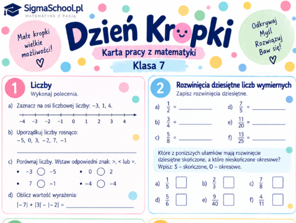 Dzień Kropki – karta pracy z matematyki, klasa 7