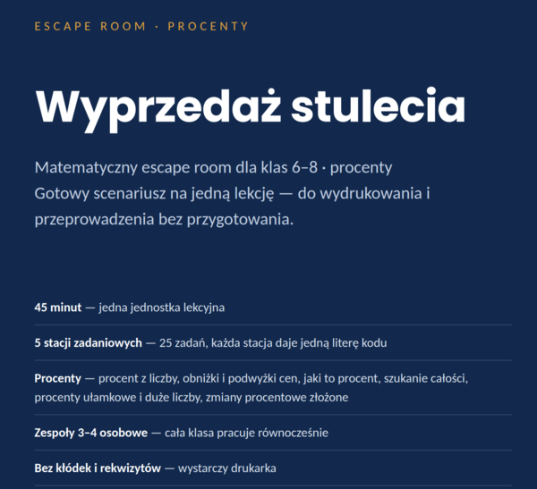 Procenty – escape room matematyczny, klasy 6–8