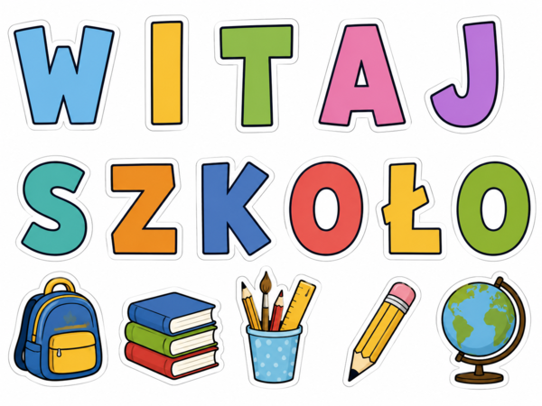 Witaj Szkoło – napis na gazetkę, litery i dekoracje A4 do druku