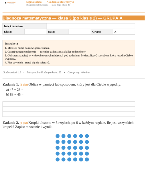 Diagnoza z matematyki – klasa 3, test na początek roku