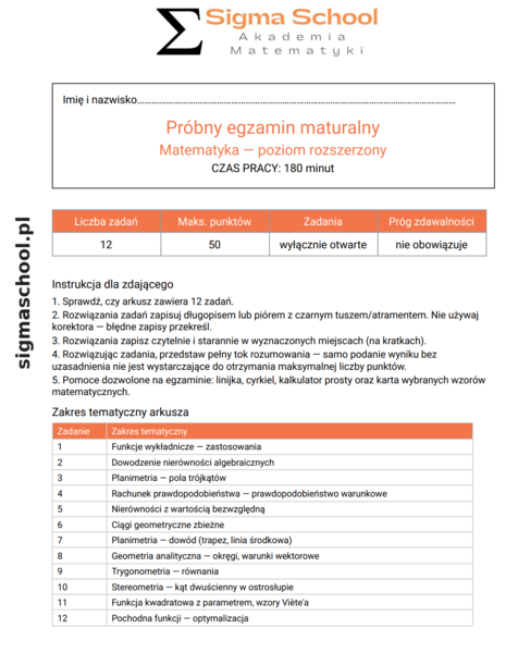 Próbna matura z matematyki – poziom rozszerzony, 12 zadań