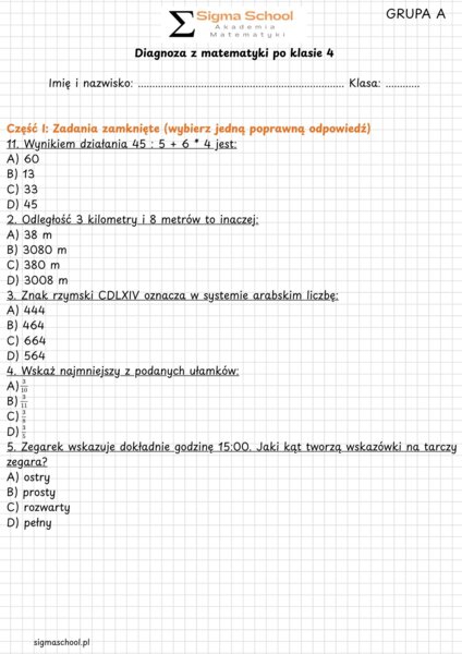 Diagnoza z matematyki po klasie 4 – 11 zadań z odpowiedziami