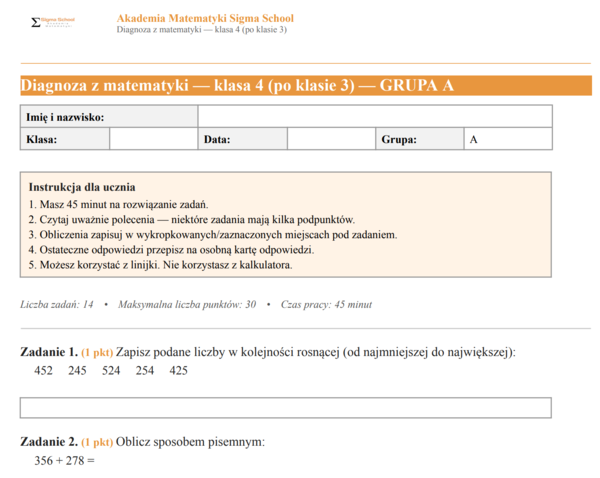Diagnoza z matematyki – klasa 4, test po klasie 3