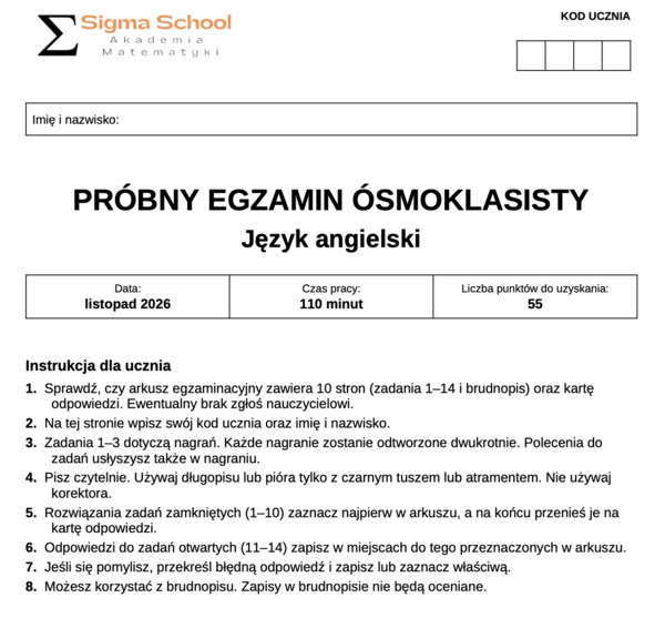 Próbny egzamin ósmoklasisty – angielski, arkusz 1, listopad 2026