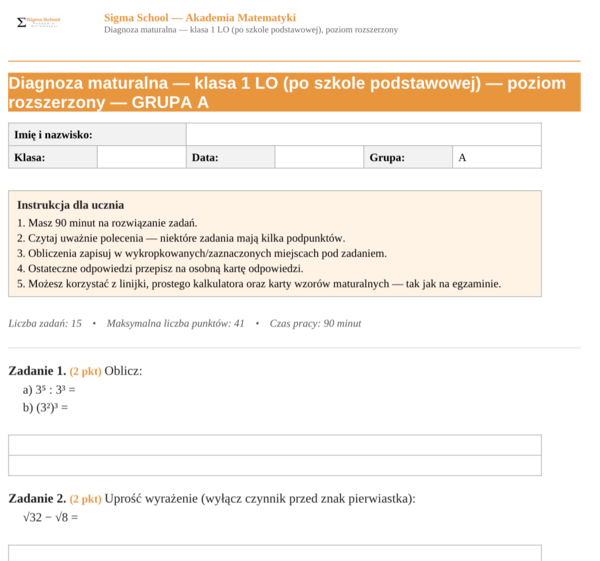 Diagnoza z matematyki – klasa 1 liceum, poziom rozszerzony