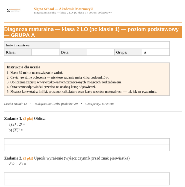 Diagnoza z matematyki – klasa 2 liceum, poziom podstawowy