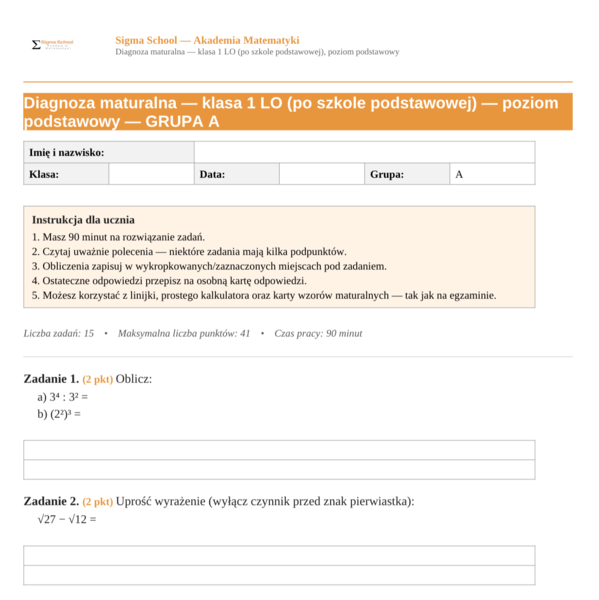 Diagnoza z matematyki – klasa 1 liceum, poziom podstawowy