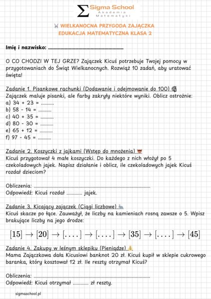 Wielkanocna karta pracy z matematyki – klasa 2, 10 zadań