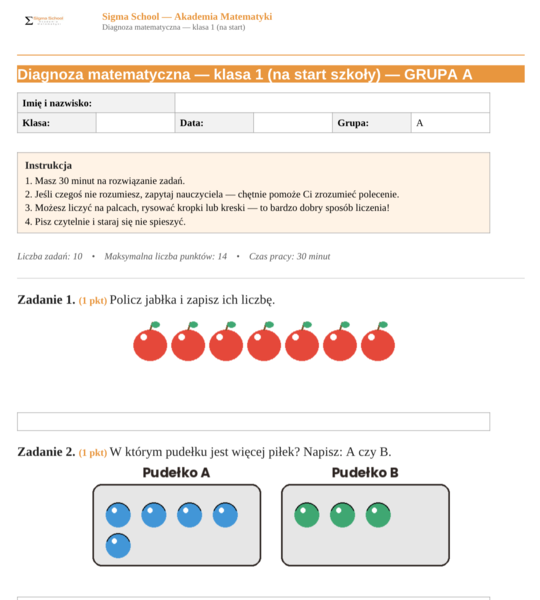 Diagnoza z matematyki – klasa 1, test na początek roku