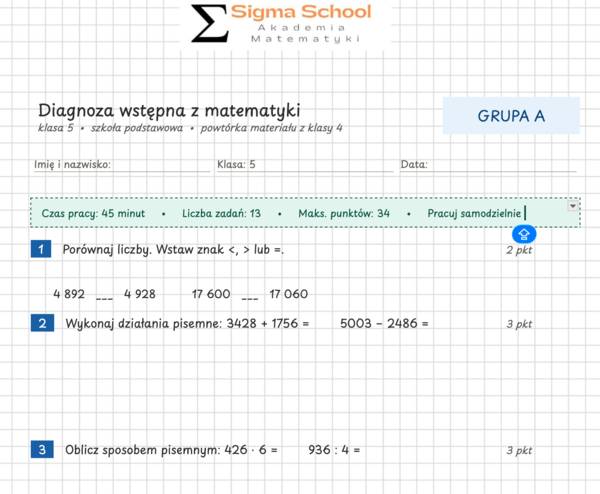 Diagnoza wstępna z matematyki – klasa 5, grupy A i B