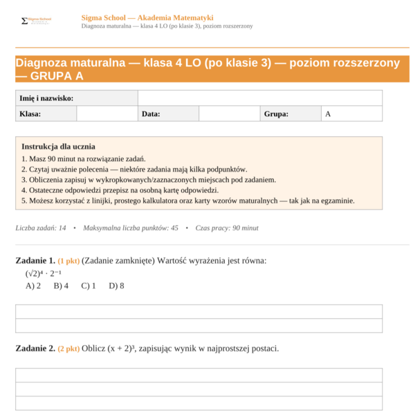 Diagnoza z matematyki – klasa 4 liceum, poziom rozszerzony