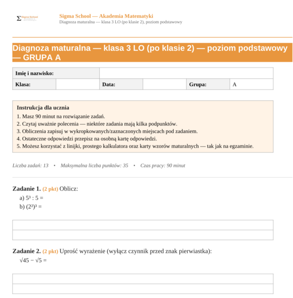 Diagnoza z matematyki – klasa 4 liceum, poziom podstawowy