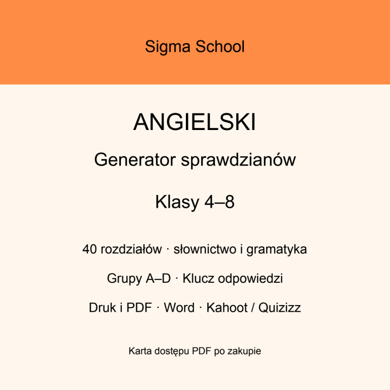 Generator sprawdzianów z angielskiego – klasy 4–8, grupy A–D i klucze