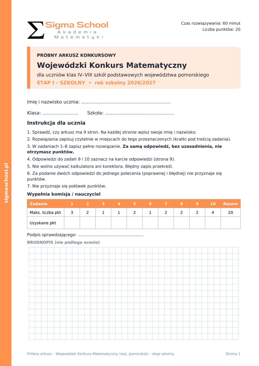 Próbny konkurs matematyczny – pomorskie, etap szkolny 2026/2027