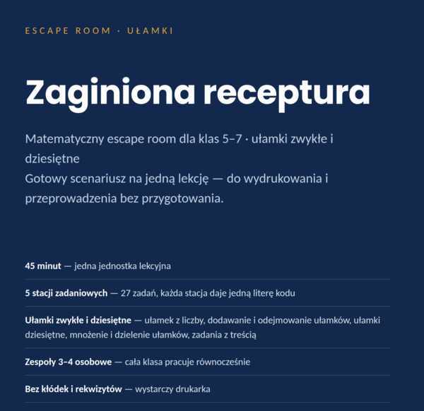 Ułamki zwykłe i dziesiętne – escape room matematyczny, klasy 5–7