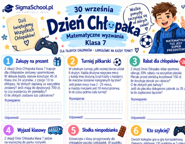 Dzień Chłopaka – karta pracy z matematyki, klasa 7