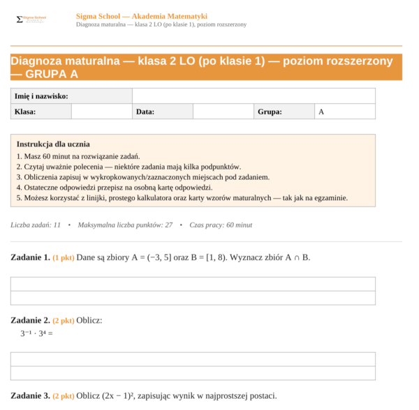 Diagnoza z matematyki – klasa 2 liceum, poziom rozszerzony