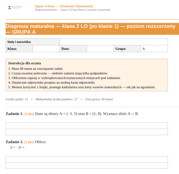 Diagnoza z matematyki – klasa 3 liceum, poziom rozszerzony