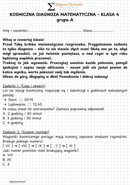 Diagnoza z matematyki – początek klasy 4, kosmiczny test A i B