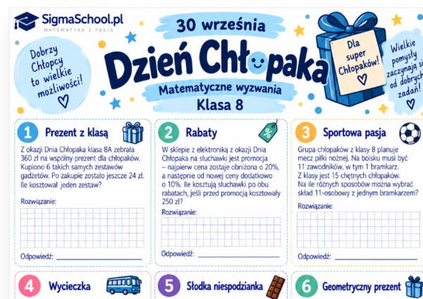 Dzień Chłopaka – karta pracy z matematyki, klasa 8