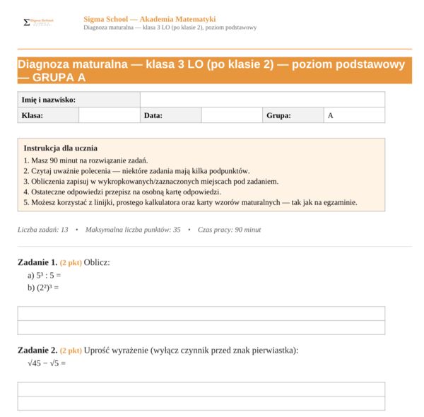 Diagnoza z matematyki – klasa 3 liceum, poziom podstawowy