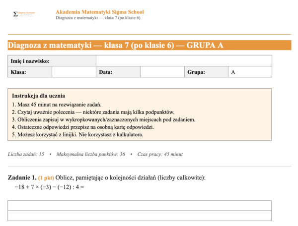 Diagnoza z matematyki – klasa 7, test po klasie 6