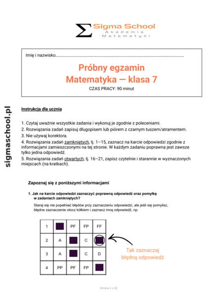 Próbny egzamin z matematyki – klasa 7, arkusz PDF, 21 zadań