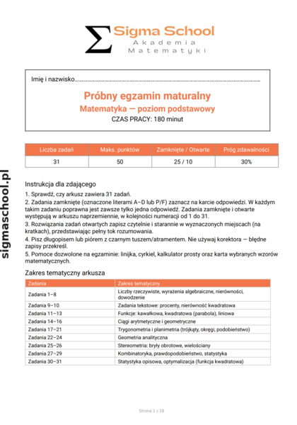 Próbna matura z matematyki – poziom podstawowy, 31 zadań