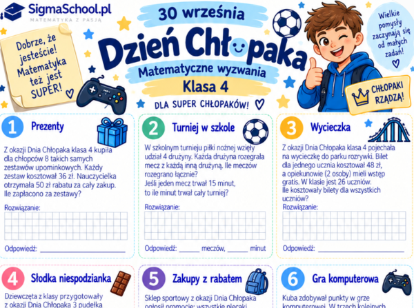 Dzień Chłopaka – karta pracy z matematyki, klasa 4