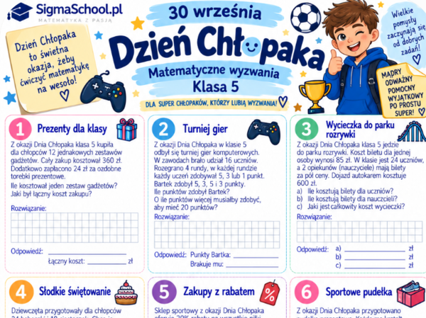 Dzień Chłopaka – karta pracy z matematyki, klasa 5