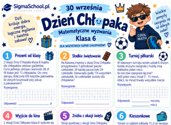 Dzień Chłopaka – karta pracy z matematyki, klasa 6
