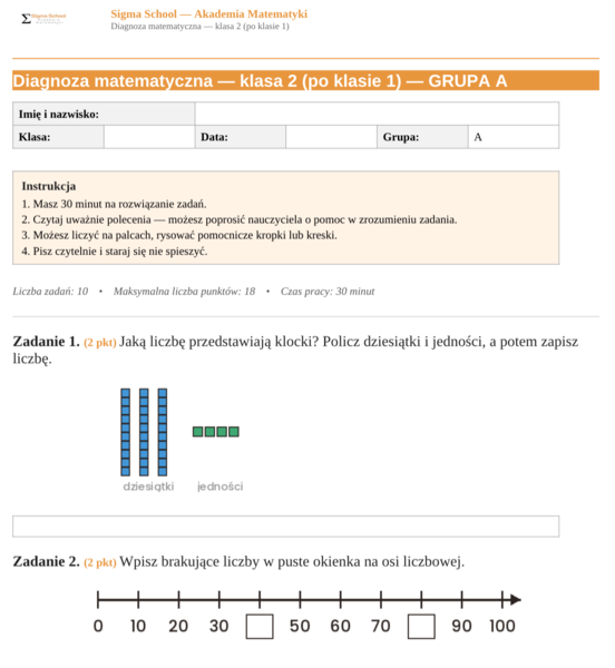 Diagnoza z matematyki – klasa 2, test na początek roku