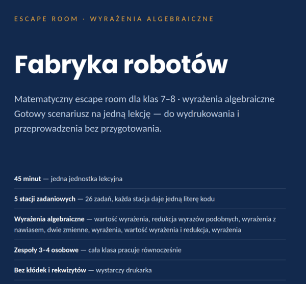 Wyrażenia algebraiczne – escape room matematyczny, klasy 7–8