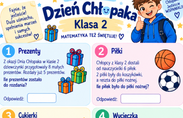 Dzień Chłopaka – karta pracy z matematyki, klasa 2