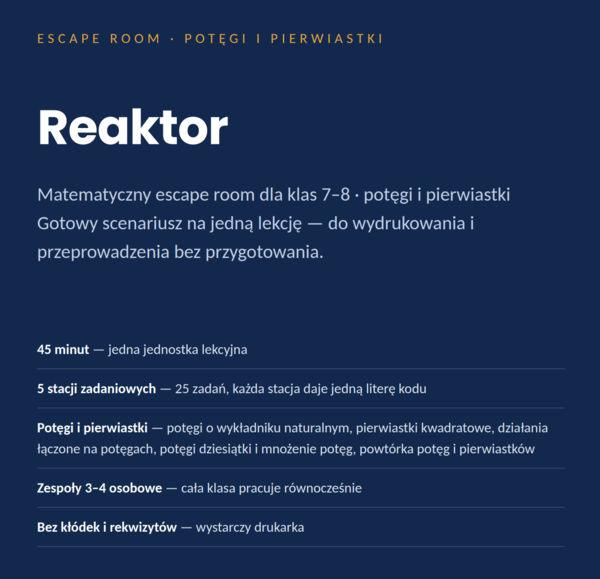 Potęgi i pierwiastki – escape room matematyczny, klasy 7–8