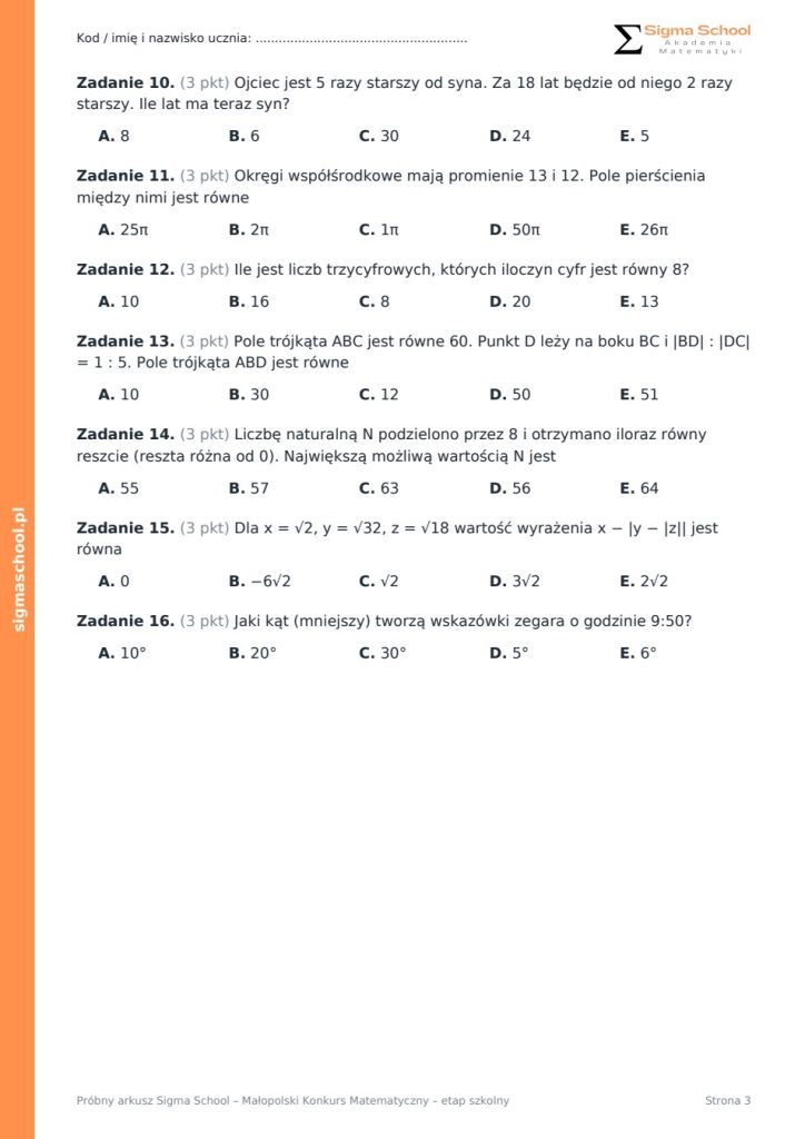 Próbne konkursy matematyczne — małopolskie, 30 arkuszy + klucze - obrazek 3